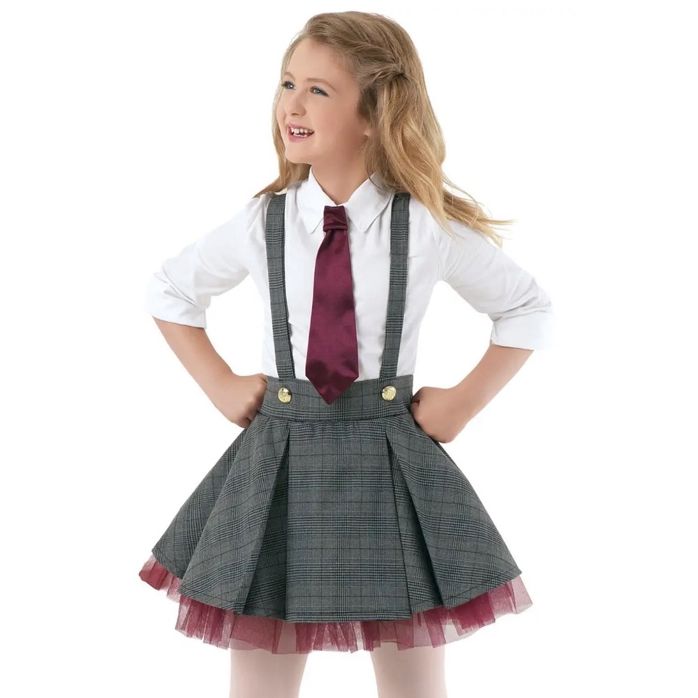 Weissman Showtime |Naughty Gray Plaid Suspender Skirt with Burgundy Tie, Size IC